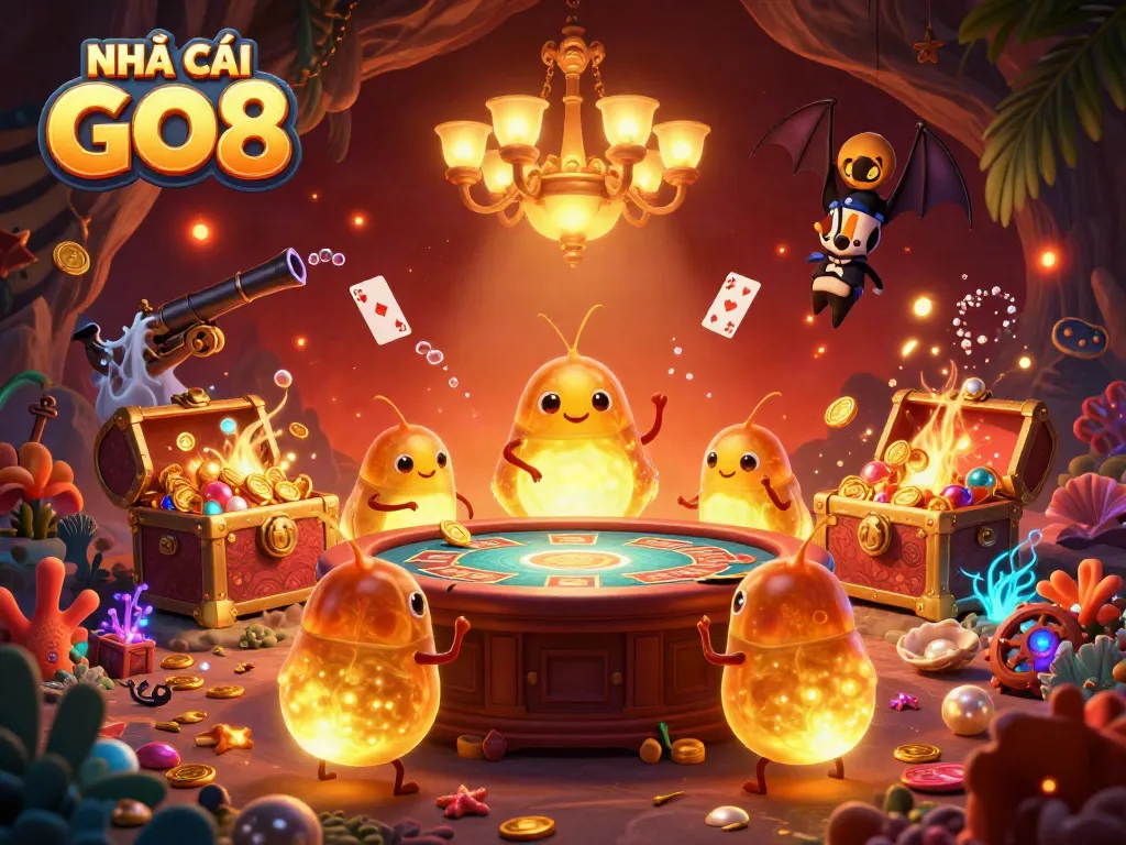 Experience the excitement of NHÀ CÁI GO8 with vibrant bioluminescent glowworms in a lively casino setting.