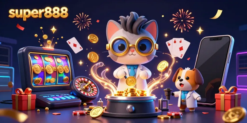 Super888 menghadirkan keseruan permainan slot dengan karakter kucing ilmuwan dan anjing, serta elemen kasino menarik.