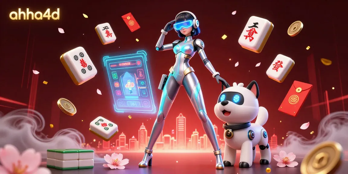 Engage with the thrilling world of ahha4d lottery, as a futuristic woman and robot dog navigate a vibrant casino interface.