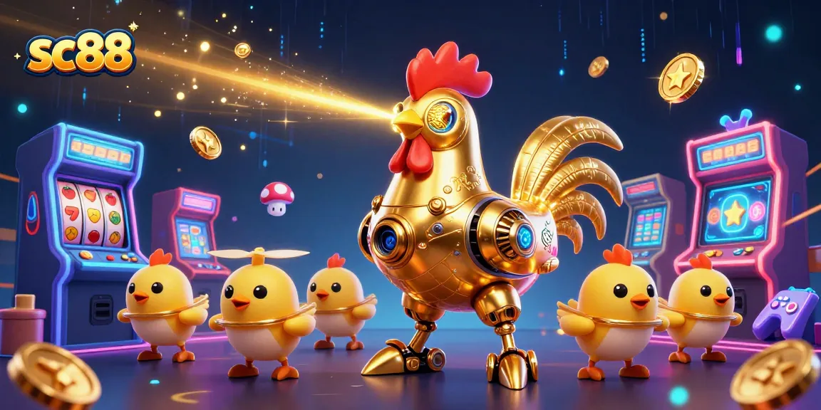Engage in sc88's vibrant gaming adventure with golden rooster robot and lively arcade elements.