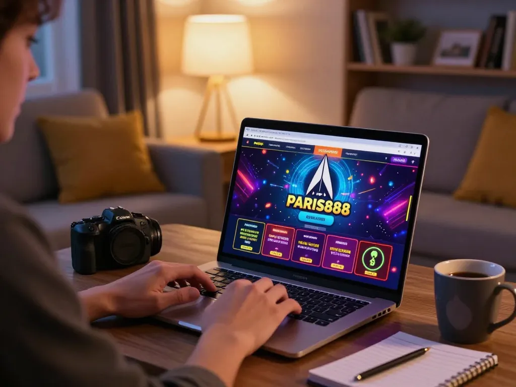 Playing Paris888 online casino games on a laptop in a cozy home setting.