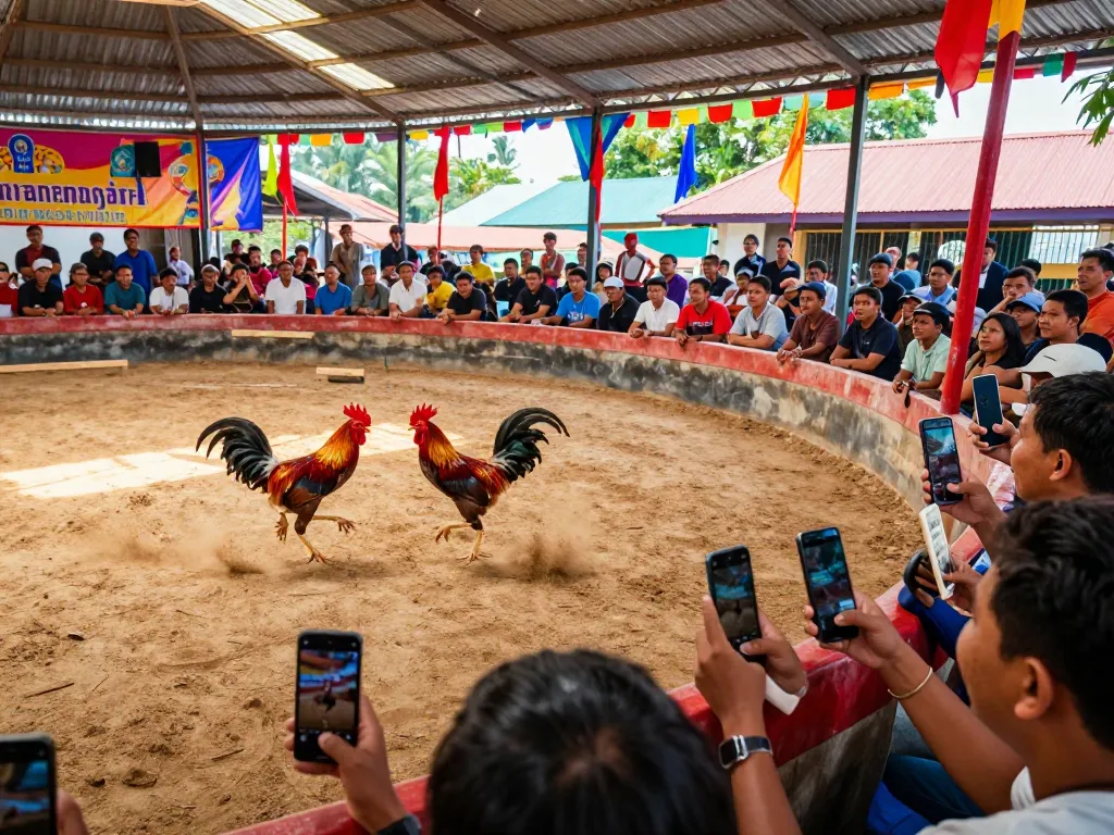 Pertandingan sabung ayam online yang mendebarkan tertangkap di arena sabung ayam yang penuh warna.