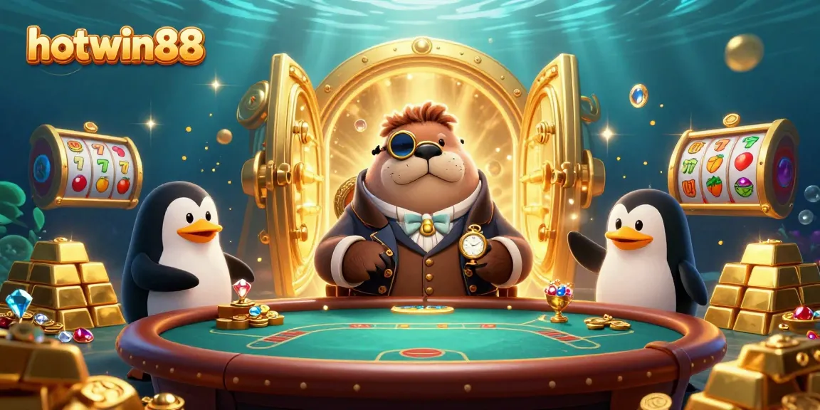 Experience the vibrant casino world with hotwin88, showcasing a jolly walrus and dealer at a poker table.