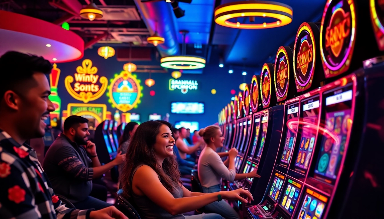 Players experiencing the excitement of slot machines in a vibrant casino setting.