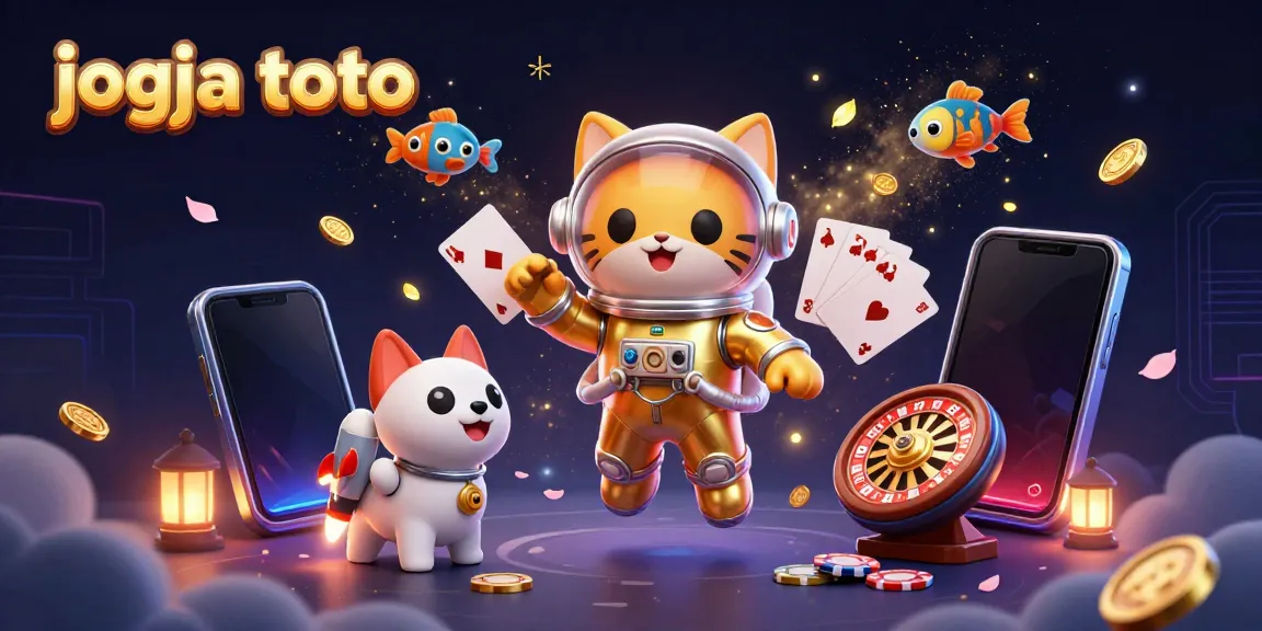 Engage with jogja toto's thrilling slot experience through an astronaut cat and robot dog in a vibrant cosmic setting.