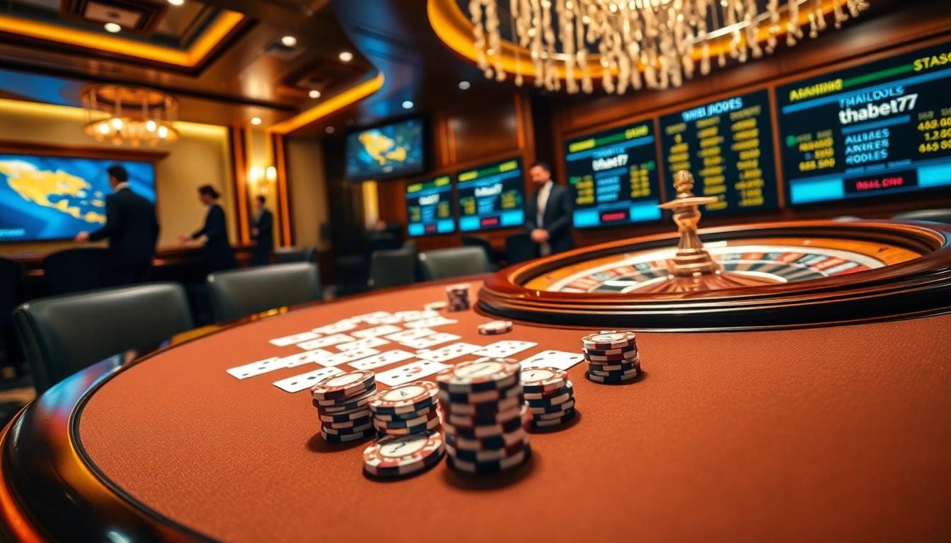 Players enjoying a thrilling poker game at thabet777 casino, showcasing chips, cards, and a roulette wheel.