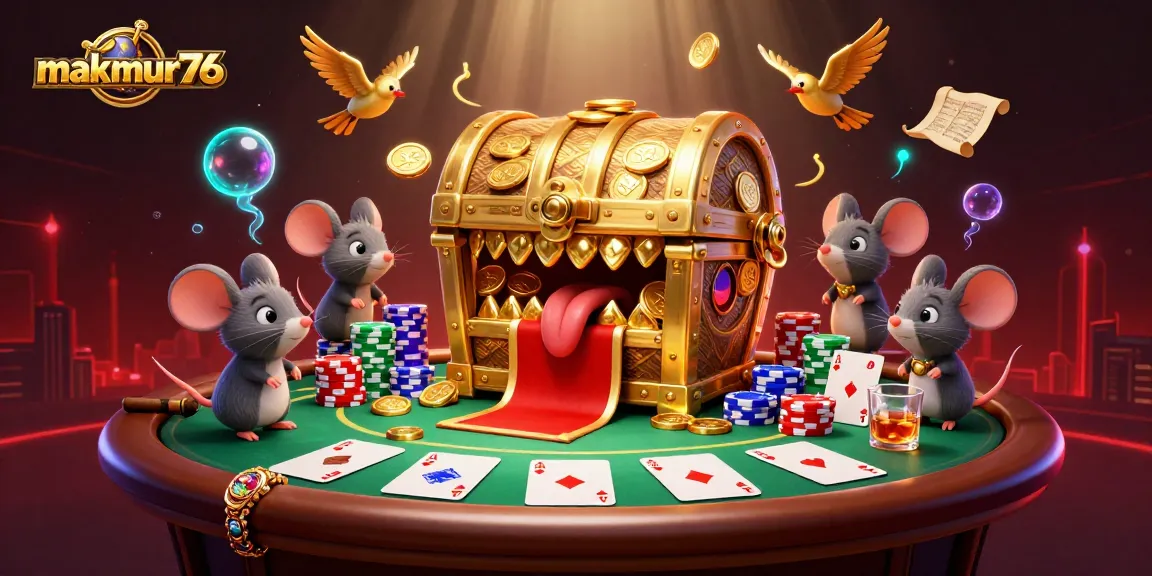 Engage in thrilling gameplay at makmur76 with vibrant illustrations of a treasure chest and poker elements.