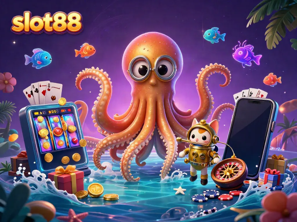 Spin and win at slot88 with vibrant 3D casino characters revealing prizes and excitement.