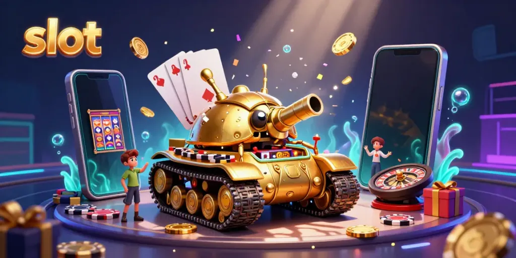 Slot permainan menarik di kasino mini dalam tank keong emas.