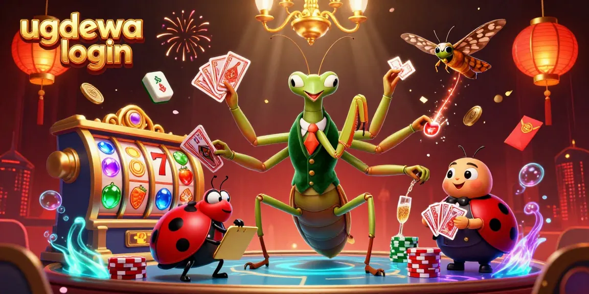 Dynamic scene showcasing a giant praying mantis and ladybug at a casino with the ugdewa login theme, emphasizing excitement and luck.