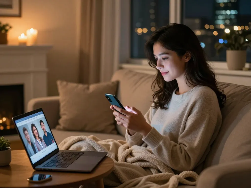 Engaging in AI sexting with a chatbot in a cozy living room setting, showcasing a warm atmosphere.