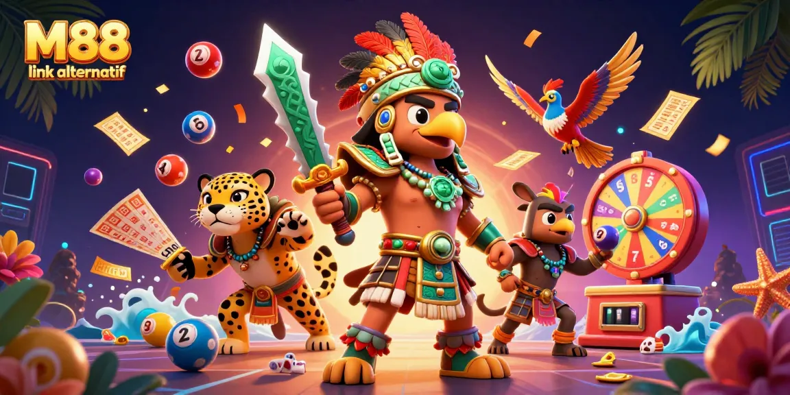 Engage with the thrilling M88 link alternatif showcasing a vibrant casino scene with dynamic lottery and gaming elements.