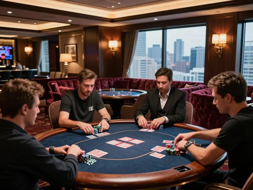 IDNSCORE players strategizing at a high-stakes poker table, vibrant gaming atmosphere.