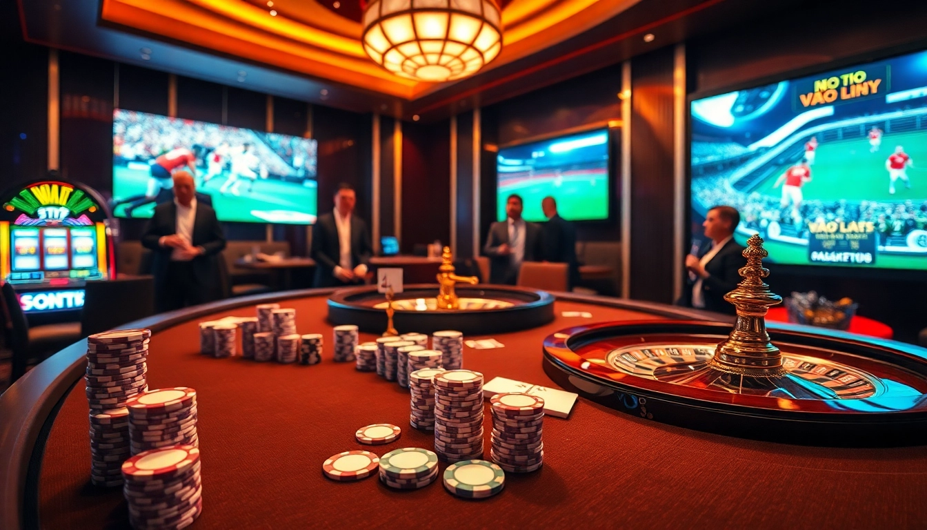 Experience the thrill at Vào Lưới TV casino scene with poker tables and vibrant slot machines.
