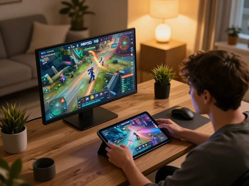 MPOID interactive online gaming session with dynamic reels in a cozy home office.