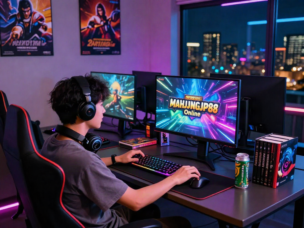 Gamer immersed in MAHJONGJP88 Online with vibrant graphics and modern gaming setup.
