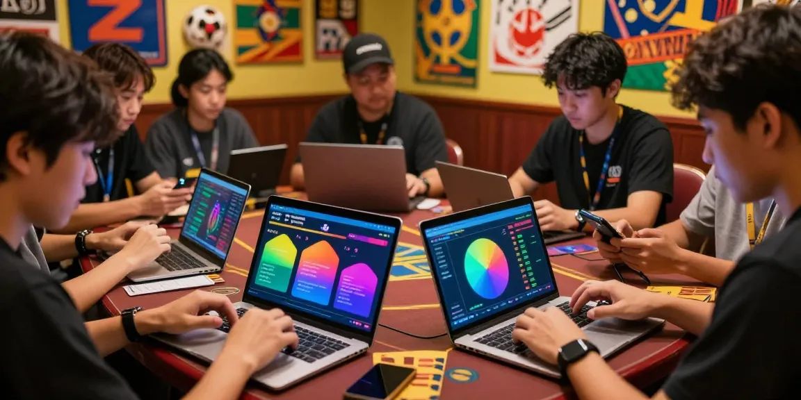Suasana taruhan olahraga dengan pemain menganalisis data dan grafik pada perangkat, menampilkan Data Macau secara langsung.