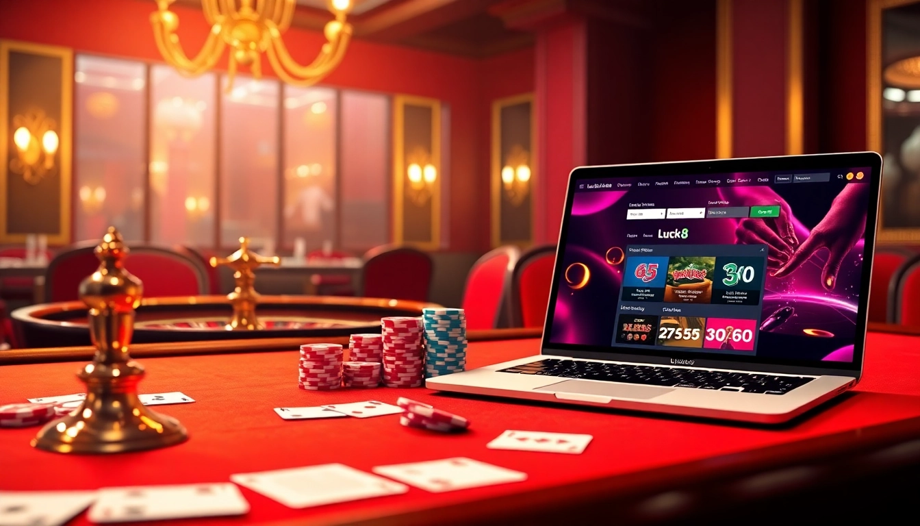 Experience the excitement of online gambling at https://luck8com.host/ with a vibrant poker setup and digital elements.