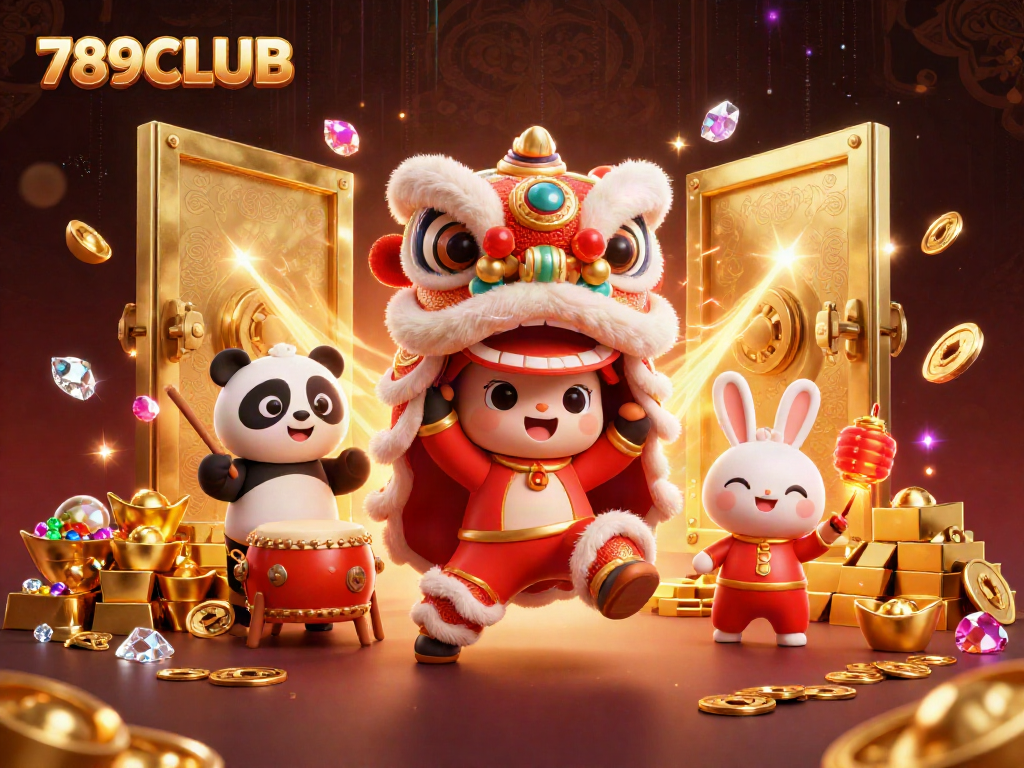 Experience the thrill of 789CLUB with a dynamic 3D illustration of a lion dance and exciting game elements.