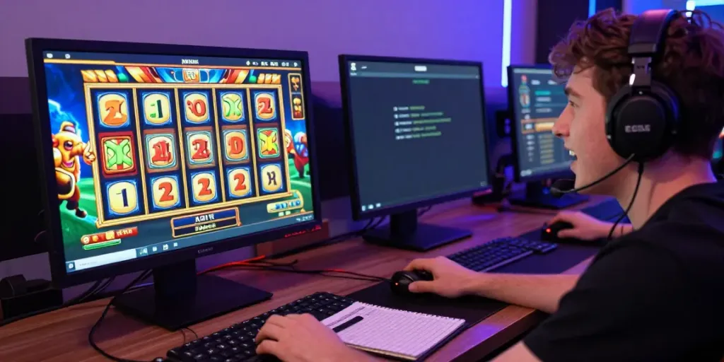 Gamer bermain permainan slot online di meja dengan aplikasi OMTOGEL di smartphone.