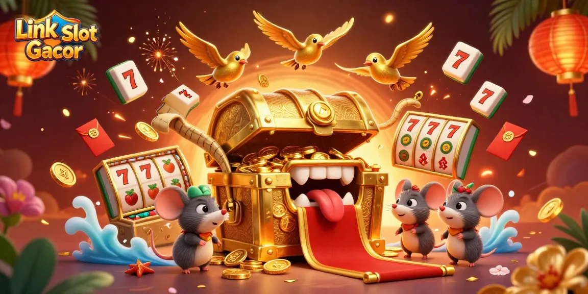 Engage with Link Slot Gacor through a vibrant 3D illustration filled with dynamic casino elements.