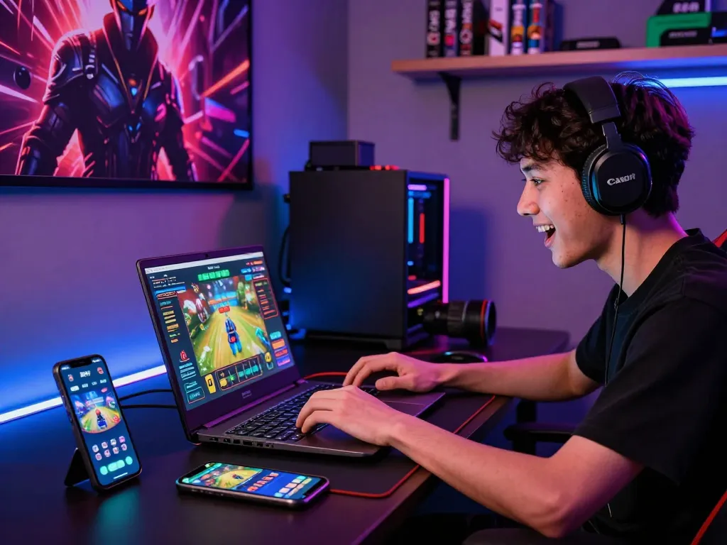 RR99 online gaming player excitedly interacting with a laptop in a modern gaming setup, showcasing vibrant atmosphere