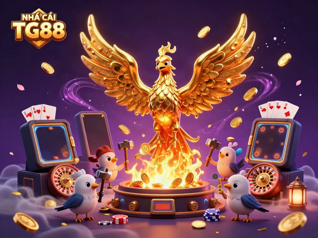 Experience NHÀ CÁI TG88 through vibrant slot gaming with a molten phoenix and gold coins.