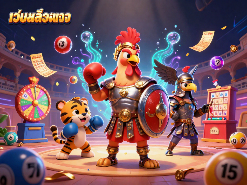 Experience เว็บสล็อตตรง with vibrant lottery elements and dynamic casino characters in an engaging scene.
