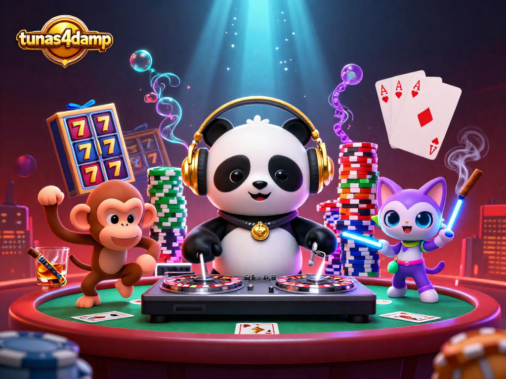 Engage with tunas4damp at a vibrant casino scene with lively characters and dynamic game elements.
