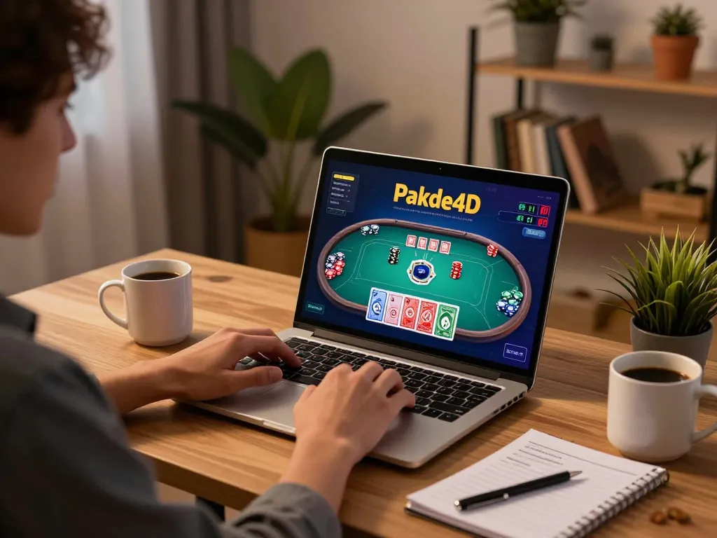 Player enjoying Pakde4D online casino on a laptop in a cozy home office environment.
