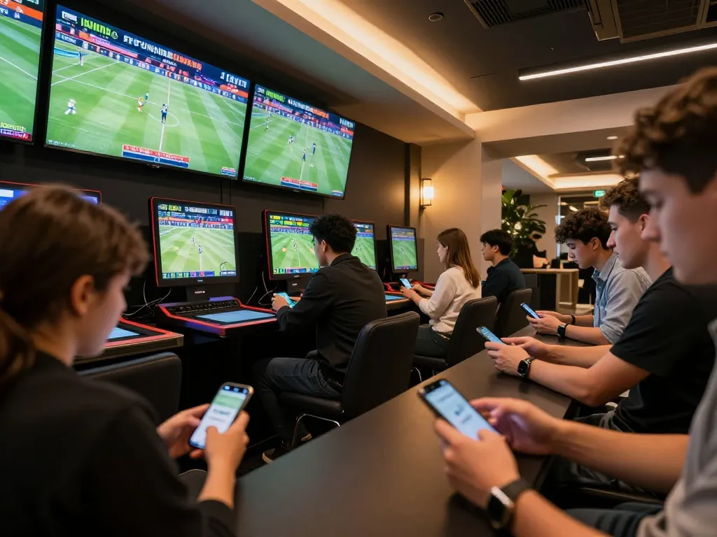 Engaging scene of sports betting with players actively monitoring mpoid odds on screens.