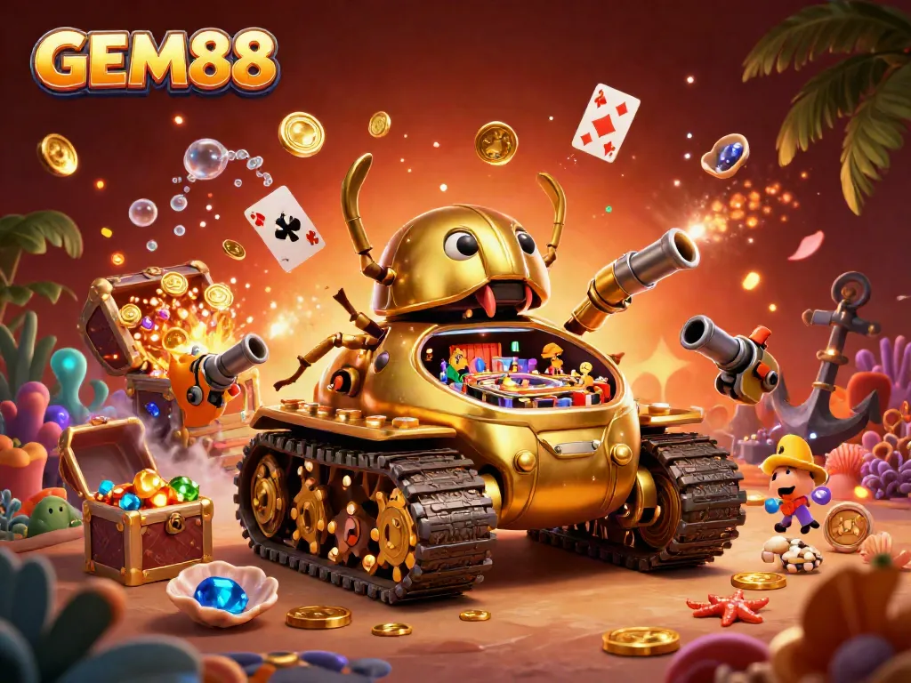 Engage with GEM88's exciting gaming atmosphere featuring a unique casino tank bursting with treasures.