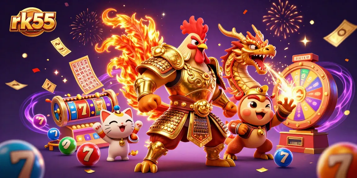 Experience rk55's thrilling slot gaming with a fighting rooster and dragon in a vibrant 3D scene.