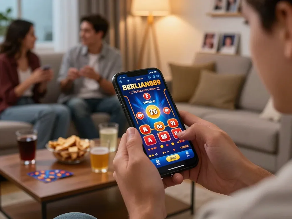 Player enjoying BERLIAN889 on smartphone in cozy setting, engaging in online gaming.