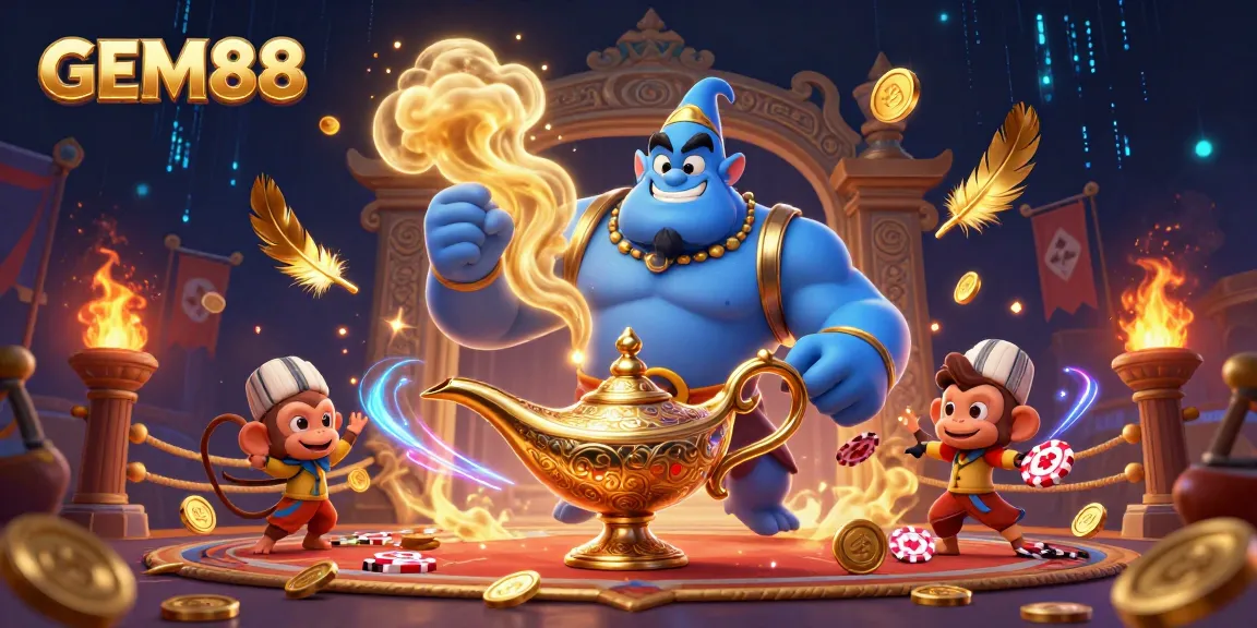 Experience gaming excitement with GEM88, featuring a muscular blue genie, monkey, and casino elements.