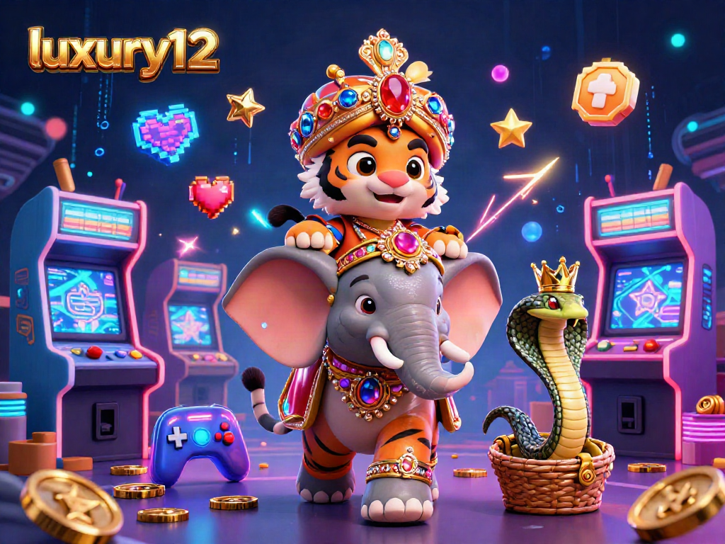 Engage with luxury12's dynamic casino experience featuring an Indian maharaja tiger, jewel-encrusted elements, and retro gaming decor.