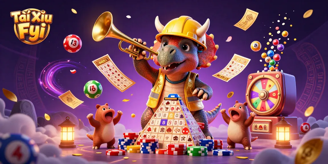 Tài Xỉu Fyi showcases a 3D triceratops building poker chips amidst a colorful casino celebration.