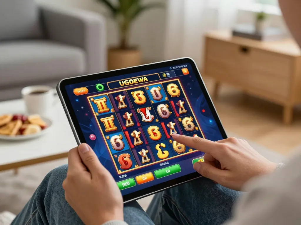 Engaging player spins slots on UGDEWA tablet in a cozy living room setting