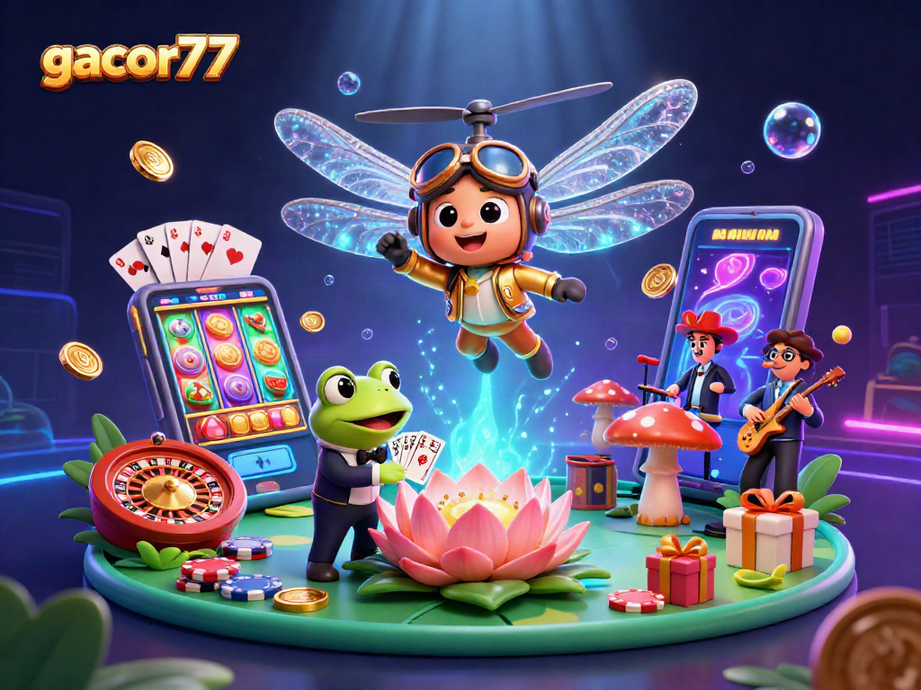 Gacor77 beraksi dalam ilustrasi kasino 3D dengan robot serangga dan dealer katak yang memukau.