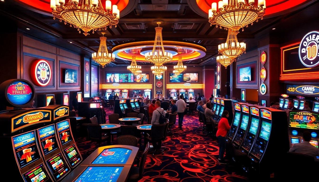 Menangkan di dentoto dengan suasana kasino yang meriah dan mesin slot bersinar.