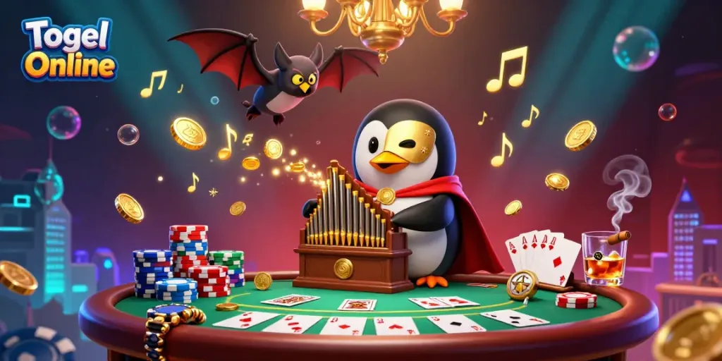 Ilustrasi 3D Togel Online dengan penguin opera dan elemen judi, menampilkan suasana energetik.