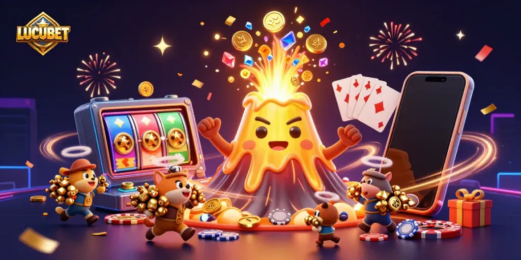Experience LUCUBET’s thrilling casino adventure in a vibrant 3D scene featuring a victorious volcano and treasure-hunting critters.