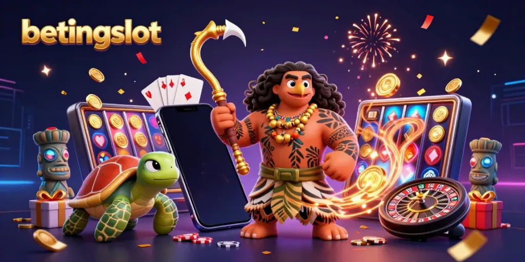 Mainkan betingslot dengan karakter menyenangkan, simbol slot, dan efek meriah dalam ilustrasi 3D