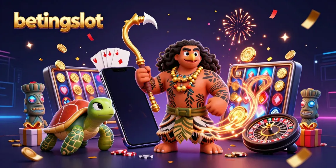 Mainkan betingslot dengan karakter menyenangkan, simbol slot, dan efek meriah dalam ilustrasi 3D