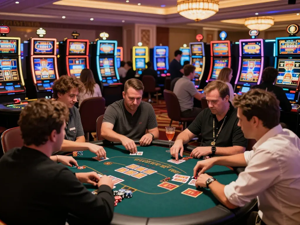 Participate in exciting gameplay at kerajaanslot, with players enjoying thrilling casino card games, colorful slot machines in the background.