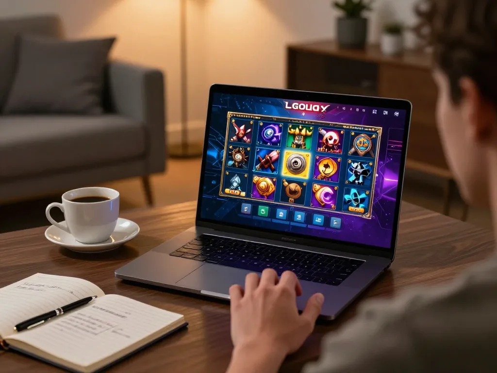 Engaging with LGOLUX through laptop for thrilling online gaming experience at home.