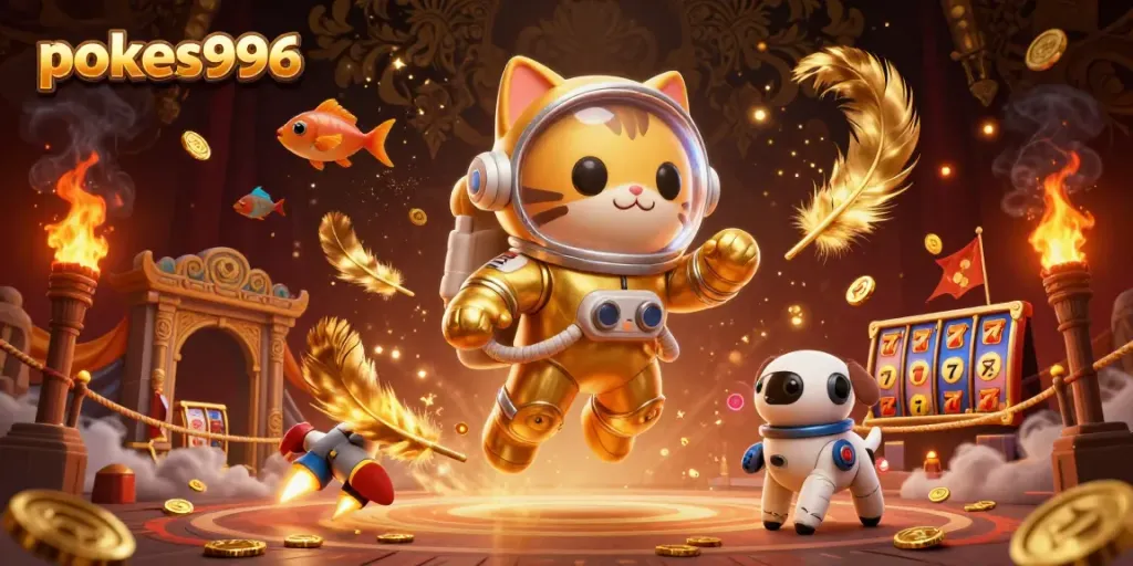 Exciting gameplay at pokies996 featuring vibrant slot reels, golden cats, and dynamic atmosphere.