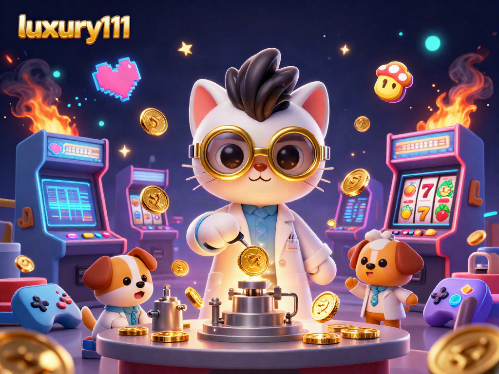 Engage with luxury111 in a vibrant 3D casino scene featuring a mad scientist cat and dog with golden coins.