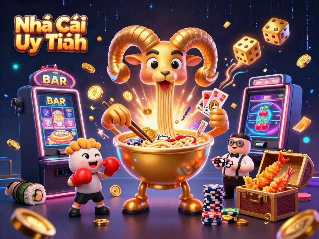 Engaging scene featuring characters from Nhà Cái Uy Tín, with vibrant casino elements surrounding, creating an exciting gambling atmosphere.
