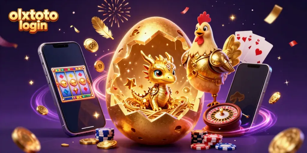 Experience seamless olxtoto login with a vibrant illustration featuring a golden dragon and casino elements.